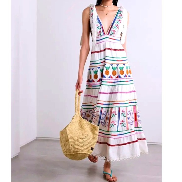 FARM Rio Dresses & Skirts - Farm Rio Brazil XL‎ Off White Embroidered lace Pineapple Maxi Dress Tie Shoulder